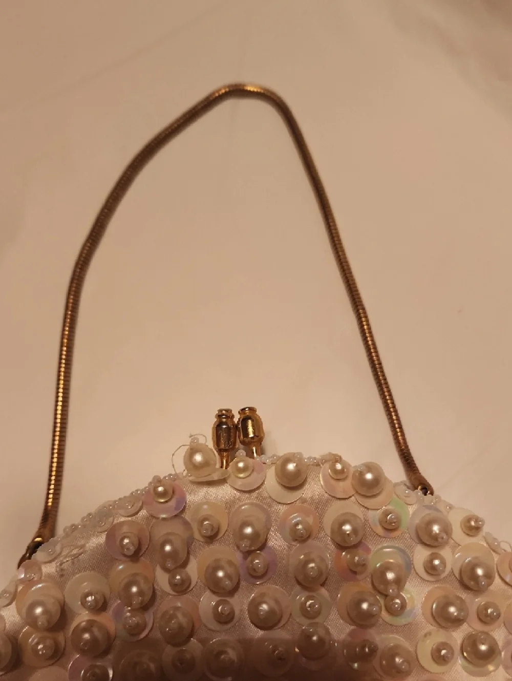 Vintage Pearl & Sequin White Evening Clutch with Gold Handle